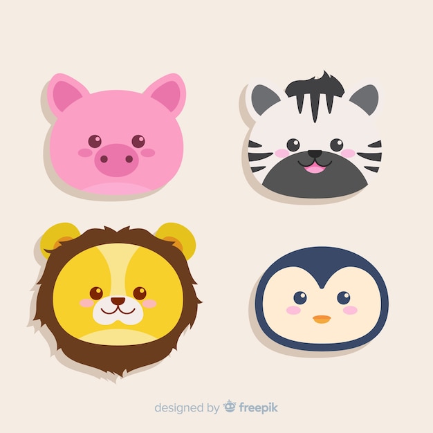 Set of tropical animals: pig, zebra, lion, penguin. flat style design
