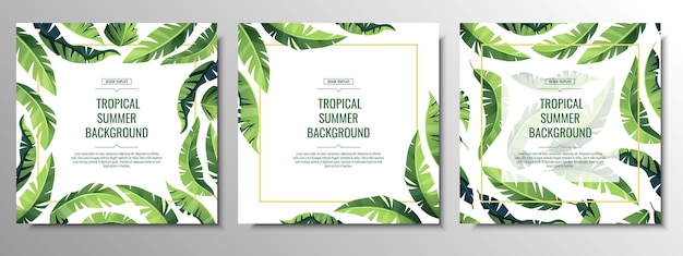 Set of tropical cards banners backgrounds flyers with green palm leaves registration of invitations