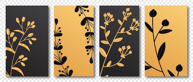 Set of tropical cover design with berry branch and golden leaves holiday black and gold pattern vector illustration