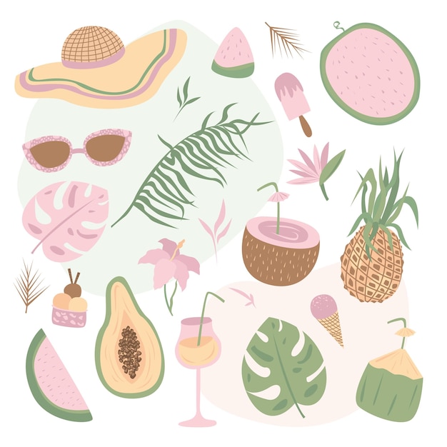 Vector set of tropical elements coconut pineapple glasses cocktail etc summer party