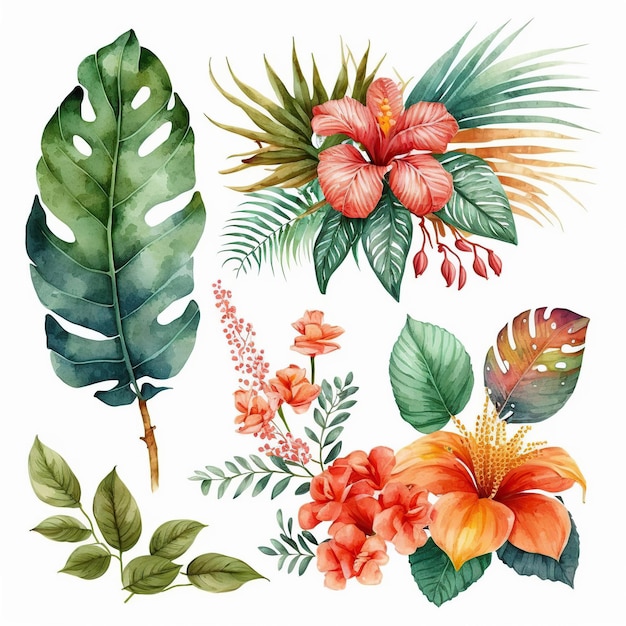 A set of tropical flowers and leaves.