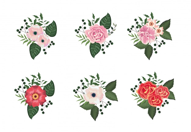 Vector set tropical flowers and roses plants with leaves