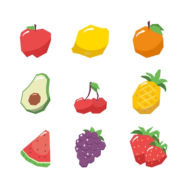 Set of tropical fruit geometric apple lemon orange avocado cherry pineapple watermelon grape berry