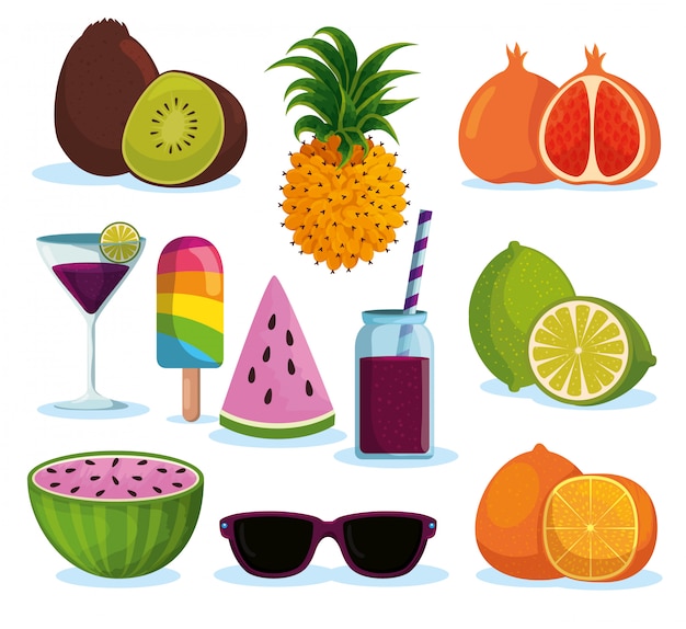 Set tropical fruits with beverages and ice lolly