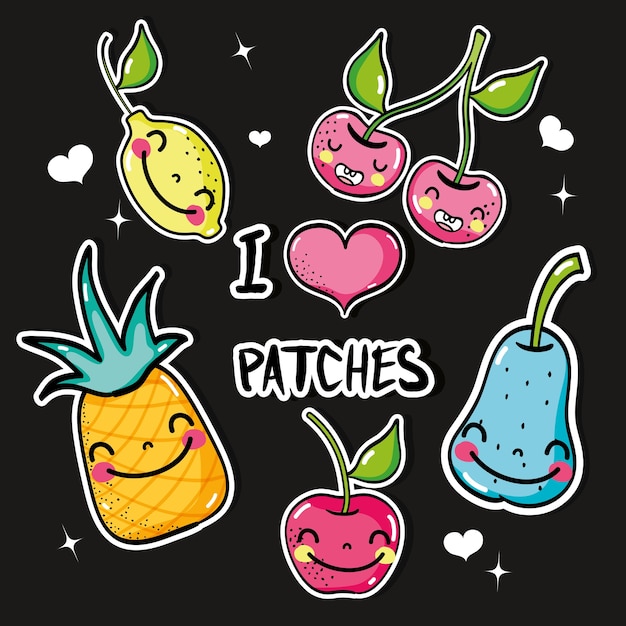 Vector set tropical kawaii patches fruits design