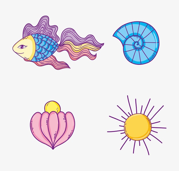 Vector set tropical sea animals and sun