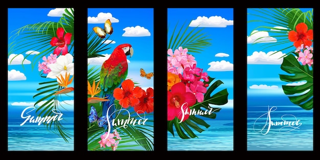 Set di sfondi tropicali per smartphone con pappagallo, fiori e foglie di palma. illustrazione vettoriale