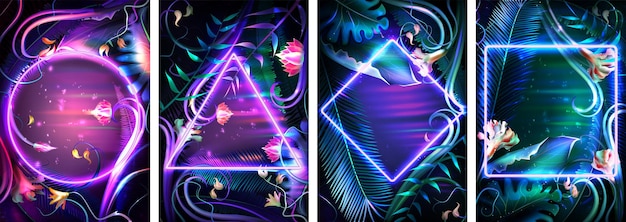 Set tropische neon frames. florale achtergrond met gloeiende tropische bladeren en verlichte rand van verschillende geometrische vormen. heldere palmtak en exotische planten realistische vectorillustratie.