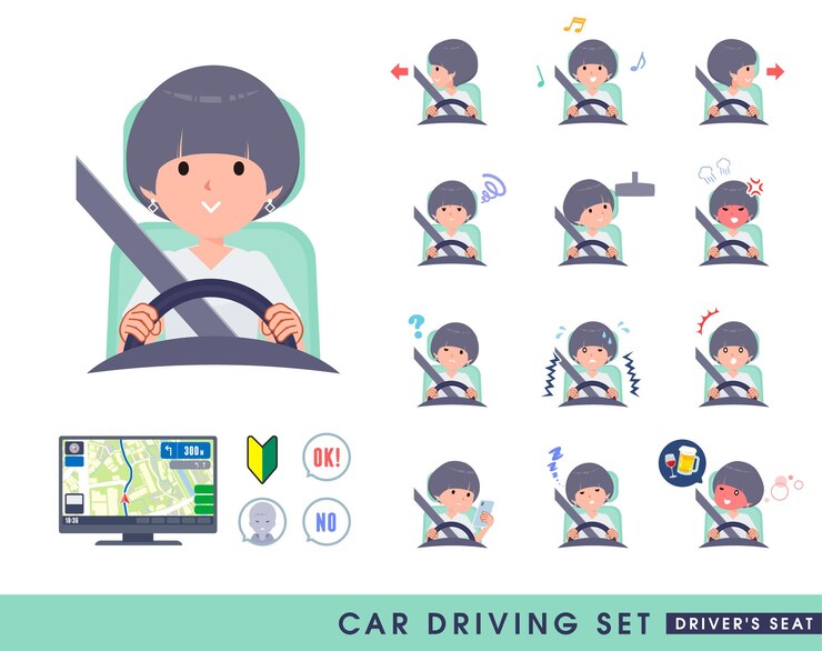 Vector カードライビングシートを運転する t シャツのマッシュヘアーの女性のセット