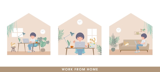 Vector set of tshirt mush hair woman working from home