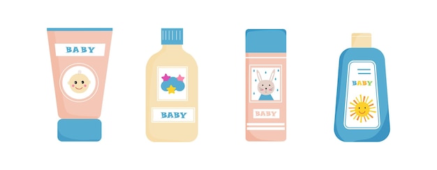 Vector set of tubes and botteles for baby kids skin care  shampoo gel oil soap cream