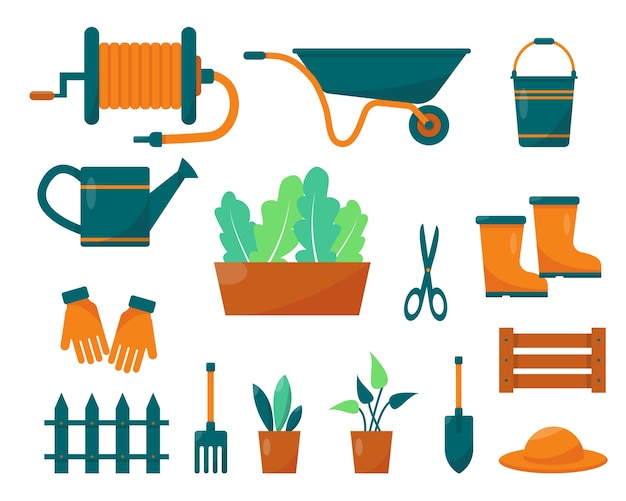 Vector set tuingereedschap en planten