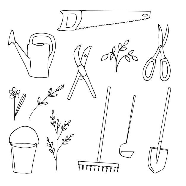 Set tuinieren en groeiende planten vector illustratie hand tekenen doodles