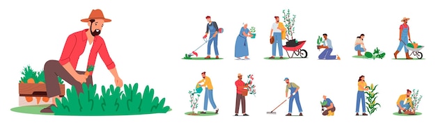 Set tuinmankarakters koestert natuurschoonheid met bekwame handen en diepe verbinding met de aarde. Ze cultiveren levendige landschappen Groeiende bomen en planten Cartoon mensen vectorillustratie