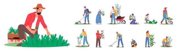 Vector set tuinmankarakters koestert natuurschoonheid met bekwame handen en diepe verbinding met de aarde. ze cultiveren levendige landschappen groeiende bomen en planten cartoon mensen vectorillustratie