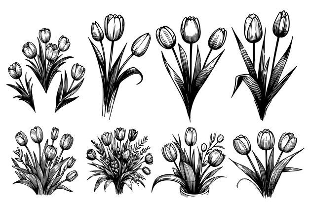 Vector set of tulips sketch hand drawn in doodle style illustration