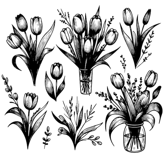 Vector set of tulips sketch hand drawn in doodle style illustration