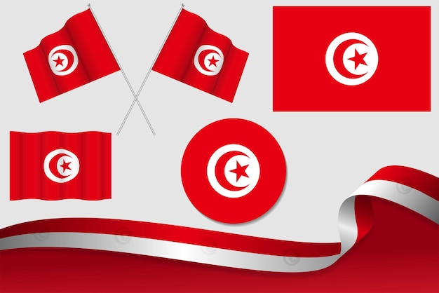 Set Of Tunisia Flags In Different Designs Icon Flaying Flags With ribbon With Background