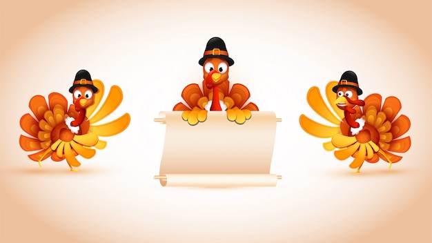 Vector set of turkey bird wearing pilgrim hat with blank scroll paper given for your message.