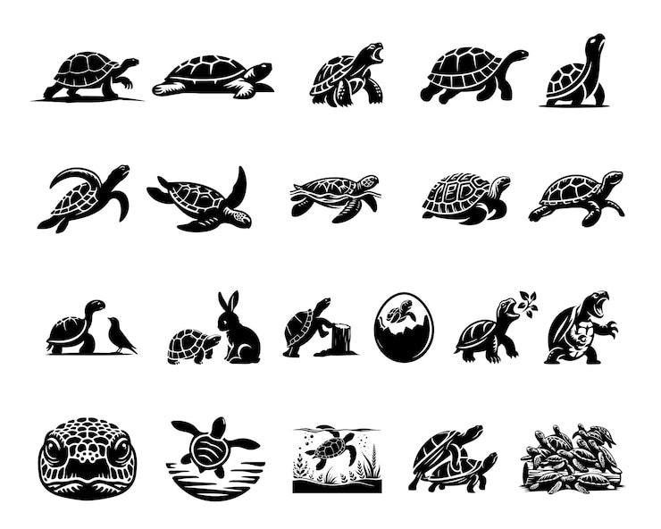 Vector set of turtle silhouettes design turtle reptile vector illustration in black and white