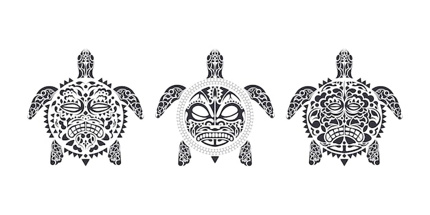 Vector set of turtles in tribal polynesian tattoo style turtle shell mask maori and polynesian culture pattern handmade vector illustration