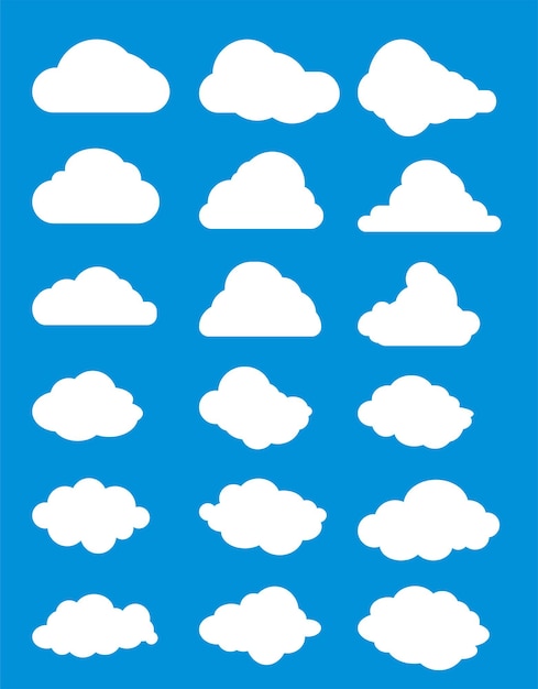 Set of twelve different clouds on blue background