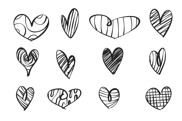 A set of twelve handdrawn hearts Hand drawn rough heart marker isolated on white background