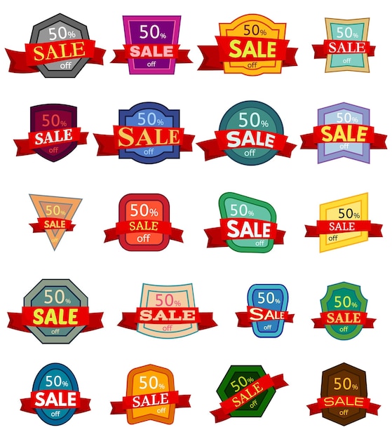 Vector set of twenty discount stickers colorful badges with red ribbon for sale 50 percent off vector illustrationxa