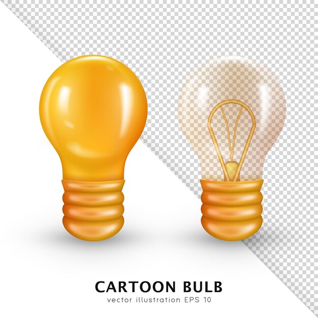 Set of two 3d incandescent bulbs. Vector cartoon golden (yellow) and transparent retro lightbulbs.