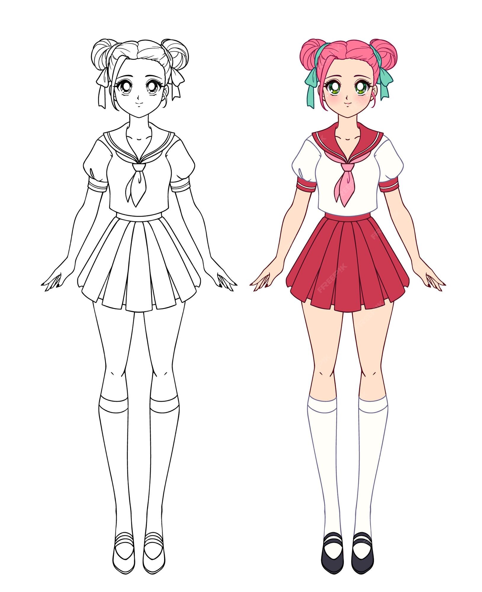 How to Draw an Anime / Chibi Girl in a School Skirt and Buns Easy