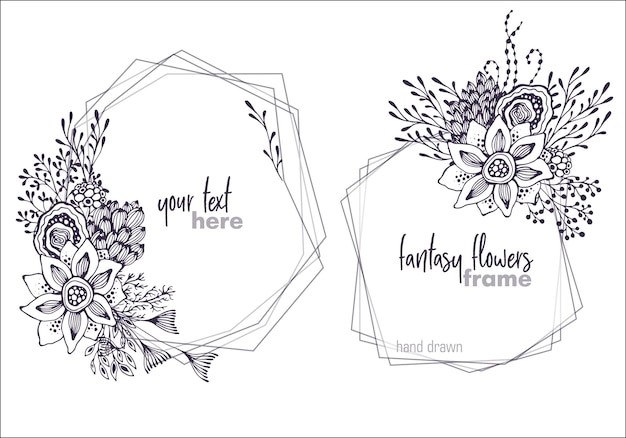 Набор из двух черно-белых векторных цветочных рамок с букетами рисованной фантазии цветов, растений и ветвей. Красивый шаблон для приглашений, открыток.