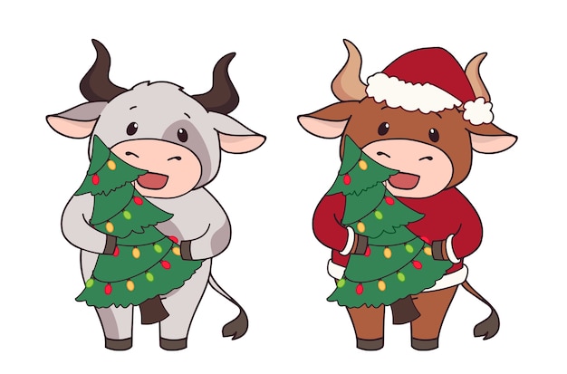 Set of two cartoon cow wearing Christmas costume and holding tree.