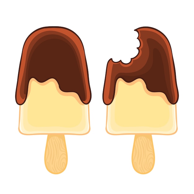 Set of two cartoon icons of whole and bitten vanilla eskimo with chocolate glaze. before and after.