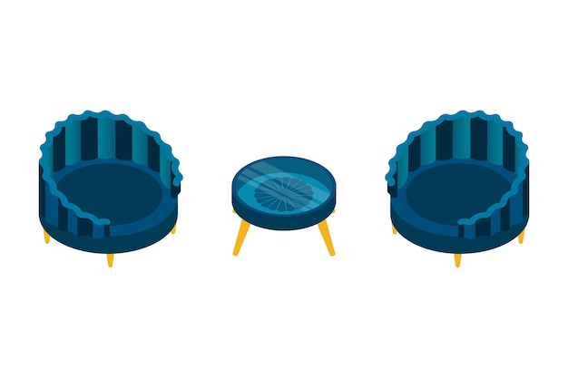 A set of two chairs with a blue cushion and a small table with a coffee table