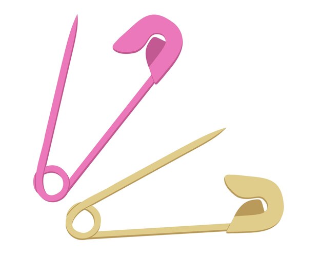 Set of two colored opened safety pins, golden and pink, isolated on white background.