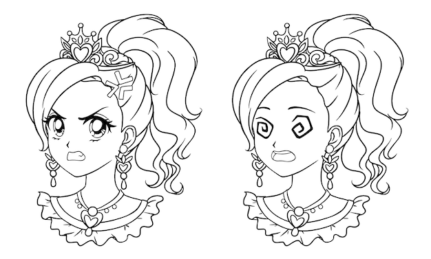 Set of two cute manga princess portraits. two different expressions.