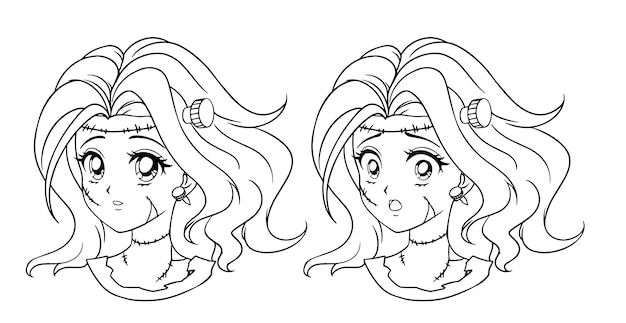 Set of two cute manga zombie girl portrait. two different expressions. 90s retro anime style hand drawn vector contour illustration. black line art.