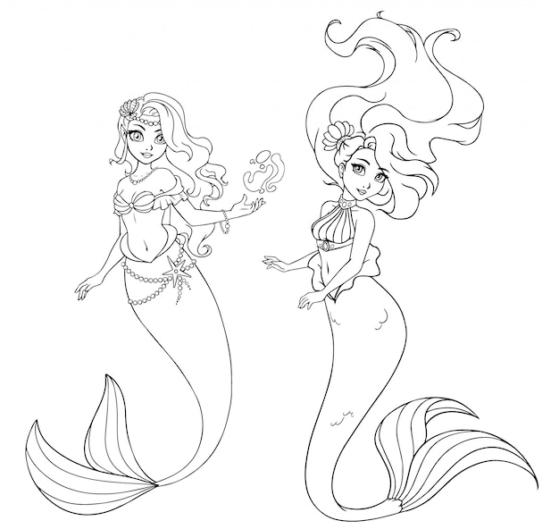 Set of two cute mermaids with long hair.