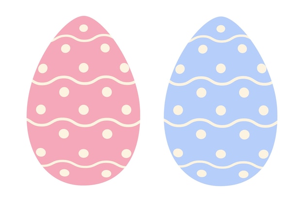 Набор из двух пасхальных яиц модного розового и синего цветов с простым узором из волнистых линий и точек.