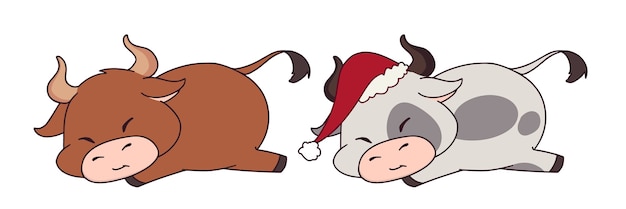 Un insieme di due piccola mucca divertente che porta il cappello di natale