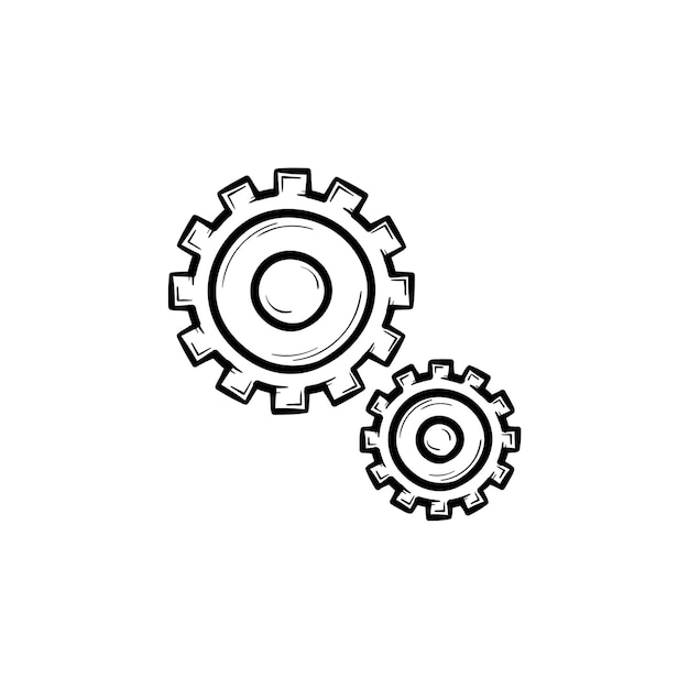 Set di due ingranaggi icona di doodle di contorni disegnati a mano. meccanica e ingranaggi, ingegneria e concetto di meccanismo