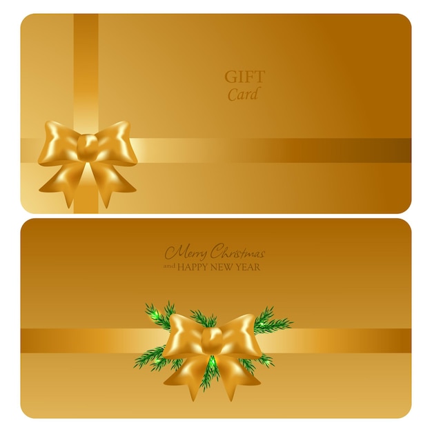 Vettore set di due carte regalo d'oro con fiocco d'oro e nastro. modello vettoriale per carta di credito o sconto.