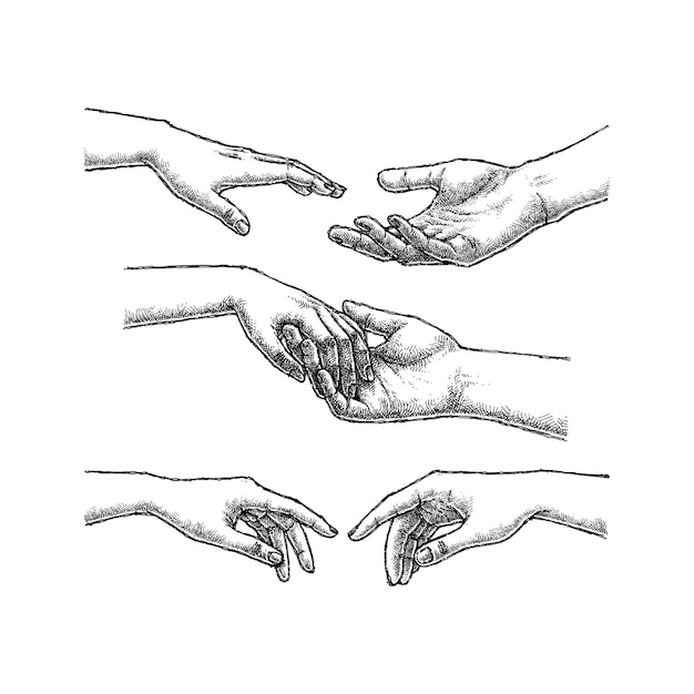 Vector set of two hand reaching toward each others illustration