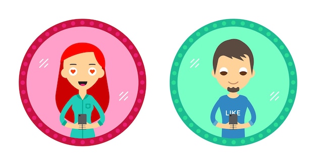 set of two hipster style character take a selfie in the mirror with smartphone vector flat design illustration in the circle isolated on background man and woman