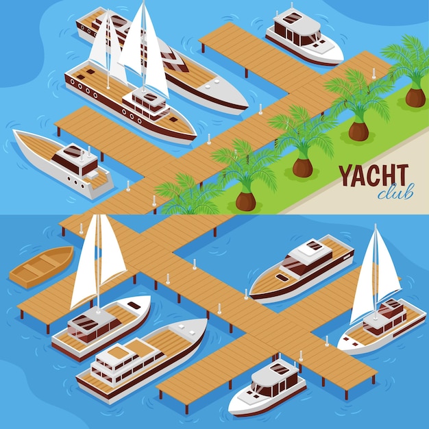 Vettore set di due illustrazioni isometriche orizzontali con peer yacht club e navi
