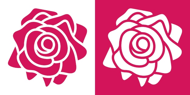 Vector set of two icons flooded with color, rose flower top view. in red and white variations.