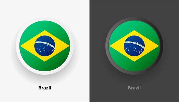 Set of two metallic rounded brazil flag buttons with black and white background