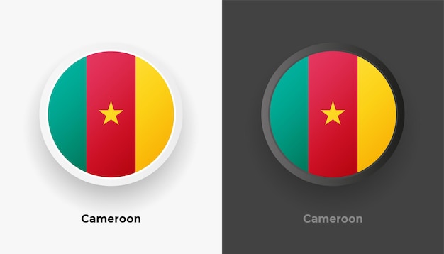 Set of two metallic rounded Cameroon flag buttons with black and white background