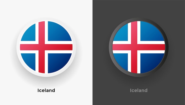 Set of two metallic rounded Iceland flag buttons with black and white background