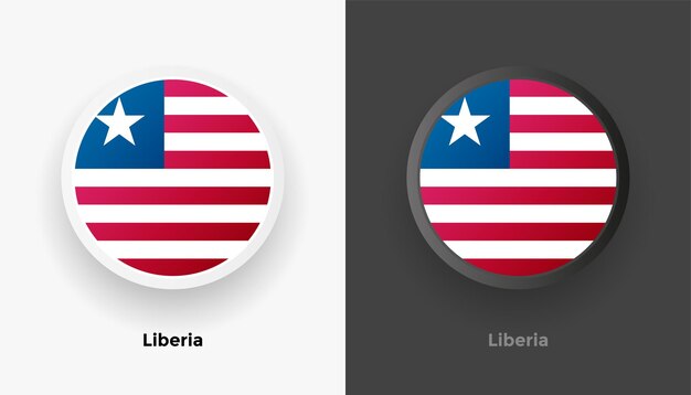 Set of two metallic rounded Liberia flag buttons with black and white background